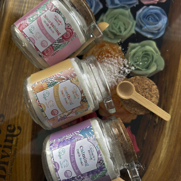 Bundle of calming bath salts in glass jars